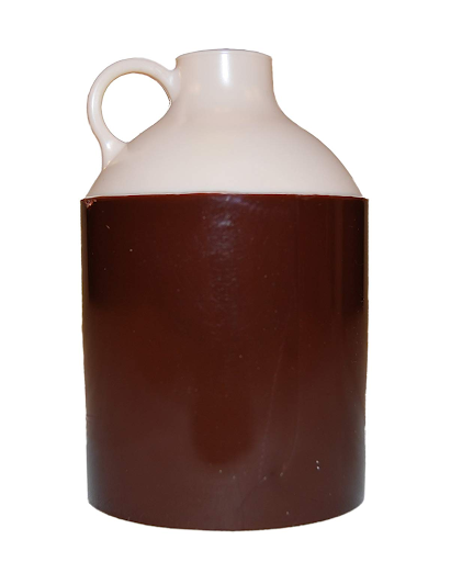 plastic water jug with a handle, two toned with white on top and brown on the bottom